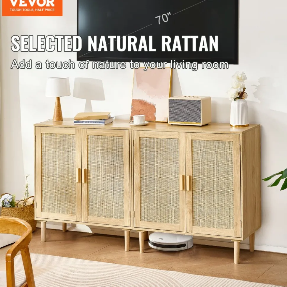 VEVOR Rattan Cabinet, Set of 2, Rattan Storage Cabinet with 4 Magnetic Doors and Adjustable Shelves, Sideboard Buffet Cabinet for Hallway, Entryway, Living Room, or Kitchen, Natural