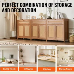 VEVOR Rattan Cabinet, Set of 3, Rattan Storage Cabinet with 6 Magnetic Doors and 3 Drawers, Sideboard Buffet Cabinet with Adjustable Shelves, for Hallway, Entryway, Living Room, or Kitchen, Natural