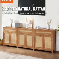 VEVOR Rattan Cabinet, Set of 3, Rattan Storage Cabinet with 6 Magnetic Doors and 3 Drawers, Sideboard Buffet Cabinet with Adjustable Shelves, for Hallway, Entryway, Living Room, or Kitchen, Natural