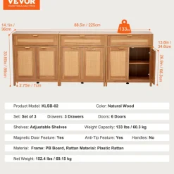 VEVOR Rattan Cabinet, Set of 3, Rattan Storage Cabinet with 6 Magnetic Doors and 3 Drawers, Sideboard Buffet Cabinet with Adjustable Shelves, for Hallway, Entryway, Living Room, or Kitchen, Natural