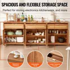 VEVOR Rattan Cabinet, Set of 3, Rattan Storage Cabinet with 6 Magnetic Doors and 3 Drawers, Sideboard Buffet Cabinet with Adjustable Shelves, for Hallway, Entryway, Living Room, or Kitchen, Natural