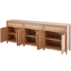 VEVOR Rattan Cabinet, Set of 3, Rattan Storage Cabinet with 6 Magnetic Doors and 3 Drawers, Sideboard Buffet Cabinet with Adjustable Shelves, for Hallway, Entryway, Living Room, or Kitchen, Natural