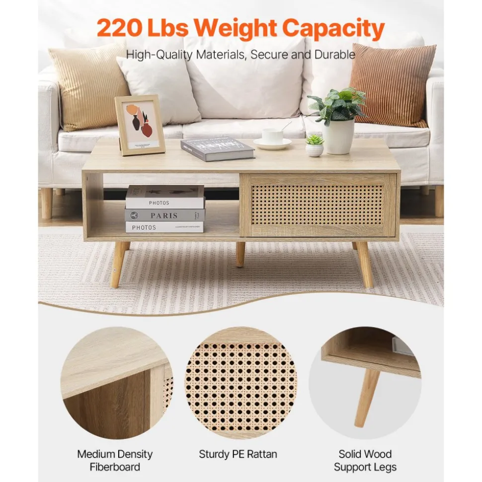VEVOR Rattan Coffee Table, Mid Century Modern Coffee Table, Rectangle Wood Coffee Table, 42 Inch Modern Boho Style Two Layers Storage Coffee Table, for Living Room, Bedroom & Small Spaces