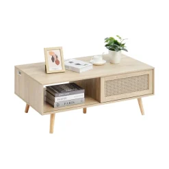VEVOR Rattan Coffee Table, Mid Century Modern Coffee Table, Rectangle Wood Coffee Table, 42 Inch Modern Boho Style Two Layers Storage Coffee Table, for Living Room, Bedroom & Small Spaces