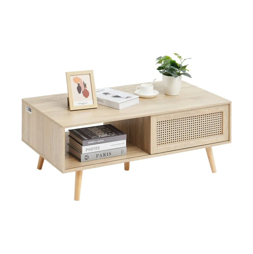 VEVOR Rattan Coffee Table, Mid Century Modern Coffee Table, Rectangle Wood Coffee Table, 42 Inch Modern Boho Style Two Layers Storage Coffee Table, for Living Room, Bedroom & Small Spaces
