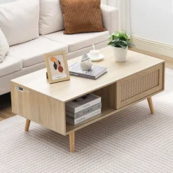 VEVOR Rattan Coffee Table, Mid Century Modern Coffee Table, Rectangle Wood Coffee Table, 42 Inch Modern Boho Style Two Layers Storage Coffee Table, for Living Room, Bedroom & Small Spaces