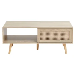 VEVOR Rattan Coffee Table, Mid Century Modern Coffee Table, Rectangle Wood Coffee Table, 42 Inch Modern Boho Style Two Layers Storage Coffee Table, for Living Room, Bedroom & Small Spaces