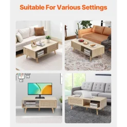 VEVOR Rattan Coffee Table, Mid Century Modern Coffee Table, Rectangle Wood Coffee Table, 42 Inch Modern Boho Style Two Layers Storage Coffee Table, for Living Room, Bedroom & Small Spaces