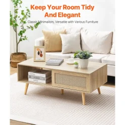 VEVOR Rattan Coffee Table, Mid Century Modern Coffee Table, Rectangle Wood Coffee Table, 42 Inch Modern Boho Style Two Layers Storage Coffee Table, for Living Room, Bedroom & Small Spaces