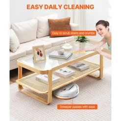 VEVOR Rattan Coffee Table, Rectangle Rattan Woven Wood Coffee Table with Tempered Glass Top, 45-Inch Modern Boho Storage Coffee Table with Natural Wood Legs, for Living Room, Bedroom & Small Spaces