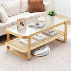 VEVOR Rattan Coffee Table, Rectangle Rattan Woven Wood Coffee Table with Tempered Glass Top, 45-Inch Modern Boho Storage Coffee Table with Natural Wood Legs, for Living Room, Bedroom & Small Spaces