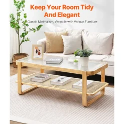 VEVOR Rattan Coffee Table, Rectangle Rattan Woven Wood Coffee Table with Tempered Glass Top, 45-Inch Modern Boho Storage Coffee Table with Natural Wood Legs, for Living Room, Bedroom & Small Spaces