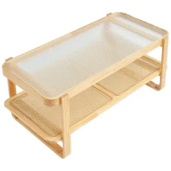 VEVOR Rattan Coffee Table, Rectangle Rattan Woven Wood Coffee Table with Tempered Glass Top, 45-Inch Modern Boho Storage Coffee Table with Natural Wood Legs, for Living Room, Bedroom & Small Spaces