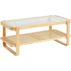 VEVOR Rattan Coffee Table, Rectangle Rattan Woven Wood Coffee Table with Tempered Glass Top, 45-Inch Modern Boho Storage Coffee Table with Natural Wood Legs, for Living Room, Bedroom & Small Spaces