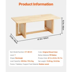 VEVOR Rattan Coffee Table, Rectangle Rattan Woven Wood Coffee Table with Rubber Wood Top, 47-Inch Modern Boho Storage Coffee Table with Natural Wood Legs, for Living Room, Bedroom & Small Spaces