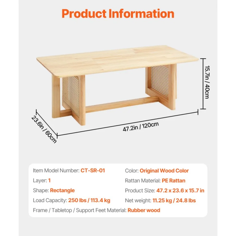 VEVOR Rattan Coffee Table, Rectangle Rattan Woven Wood Coffee Table with Rubber Wood Top, 47-Inch Modern Boho Storage Coffee Table with Natural Wood Legs, for Living Room, Bedroom & Small Spaces