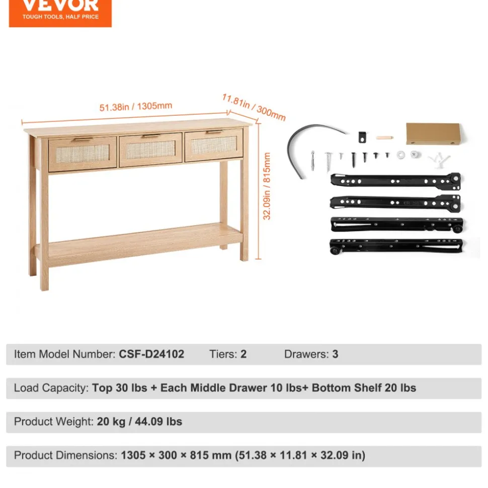 VEVOR Rattan Console Table with 3 Storage Drawers, Rattan Entryway Table with Natural Rattan Sliding Door, Console Sofa Table for Living Room, Study, Entryway Or TV Wall, Natural