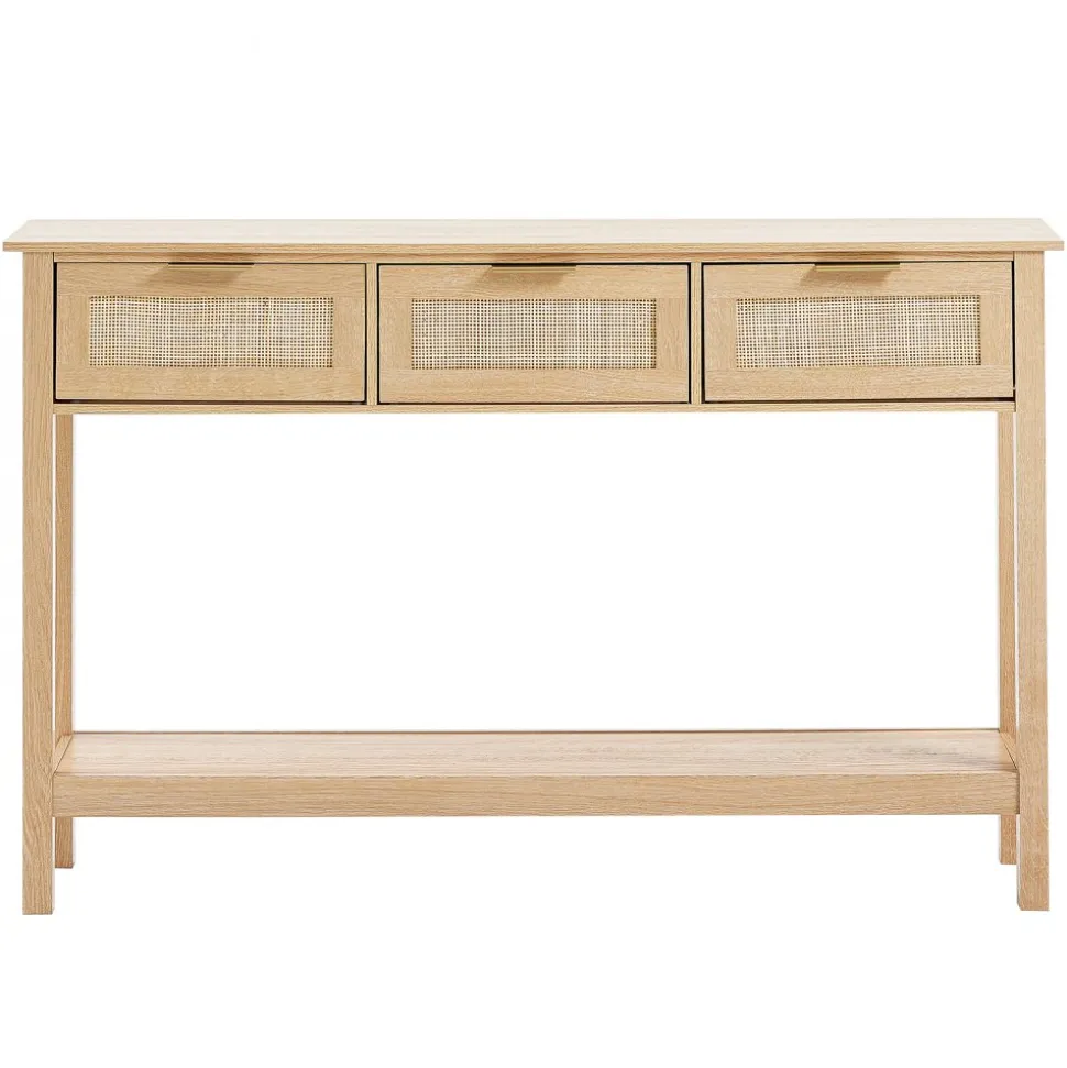 VEVOR Rattan Console Table with 3 Storage Drawers, Rattan Entryway Table with Natural Rattan Sliding Door, Console Sofa Table for Living Room, Study, Entryway Or TV Wall, Natural