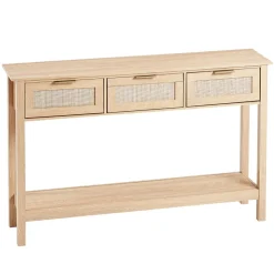 VEVOR Rattan Console Table with 3 Storage Drawers, Rattan Entryway Table with Natural Rattan Sliding Door, Console Sofa Table for Living Room, Study, Entryway Or TV Wall, Natural