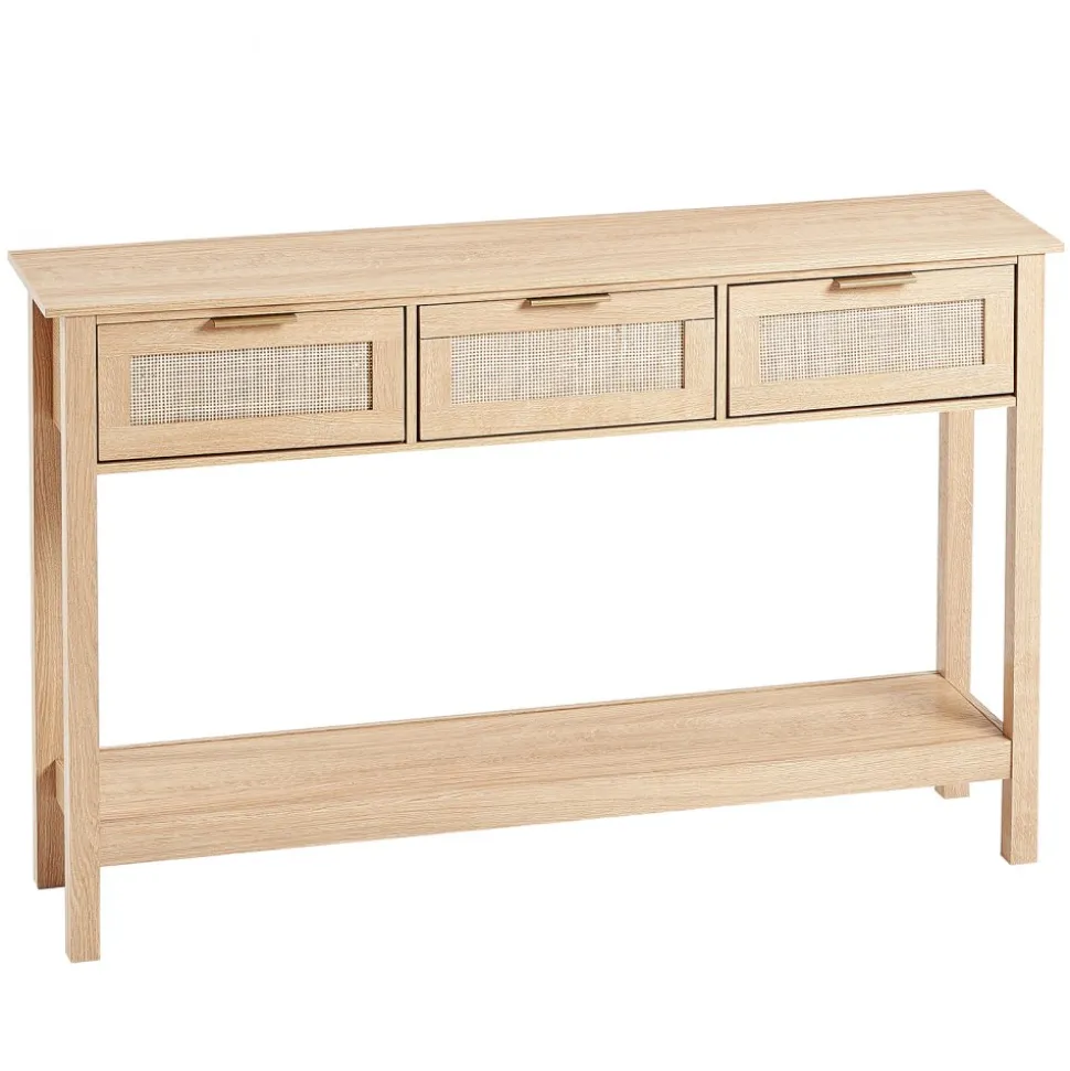 VEVOR Rattan Console Table with 3 Storage Drawers, Rattan Entryway Table with Natural Rattan Sliding Door, Console Sofa Table for Living Room, Study, Entryway Or TV Wall, Natural