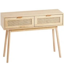 VEVOR Rattan Console Table with 2 Storage Drawers, Rattan Entryway Table with Natural Rattan Sliding Door, Console Sofa Table for Living Room, Study, Entryway Or TV Wall, Natural