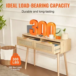 VEVOR Rattan Console Table with 2 Storage Drawers, Rattan Entryway Table with Natural Rattan Sliding Door, Console Sofa Table for Living Room, Study, Entryway Or TV Wall, Natural