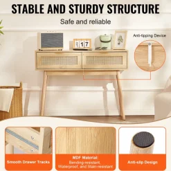 VEVOR Rattan Console Table with 2 Storage Drawers, Rattan Entryway Table with Natural Rattan Sliding Door, Console Sofa Table for Living Room, Study, Entryway Or TV Wall, Natural