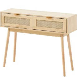 VEVOR Rattan Console Table with 2 Storage Drawers, Rattan Entryway Table with Natural Rattan Sliding Door, Console Sofa Table for Living Room, Study, Entryway Or TV Wall, Natural
