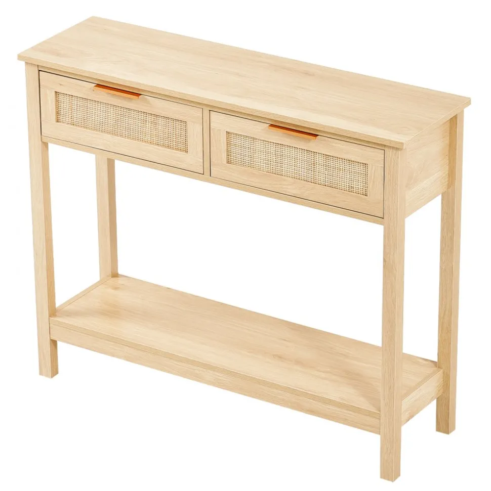 VEVOR Rattan Console Table with 2 Storage Drawers, Rattan Entryway Table with Natural Rattan Sliding Door, Console Sofa Table for Living Room, Study, Entryway Or TV Wall, Natural