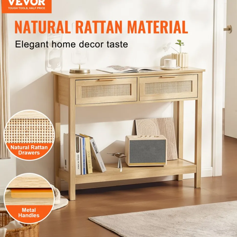 VEVOR Rattan Console Table with 2 Storage Drawers, Rattan Entryway Table with Natural Rattan Sliding Door, Console Sofa Table for Living Room, Study, Entryway Or TV Wall, Natural