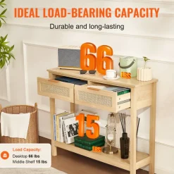 VEVOR Rattan Console Table with 2 Storage Drawers, Rattan Entryway Table with Natural Rattan Sliding Door, Console Sofa Table for Living Room, Study, Entryway Or TV Wall, Natural