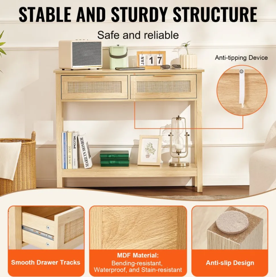VEVOR Rattan Console Table with 2 Storage Drawers, Rattan Entryway Table with Natural Rattan Sliding Door, Console Sofa Table for Living Room, Study, Entryway Or TV Wall, Natural