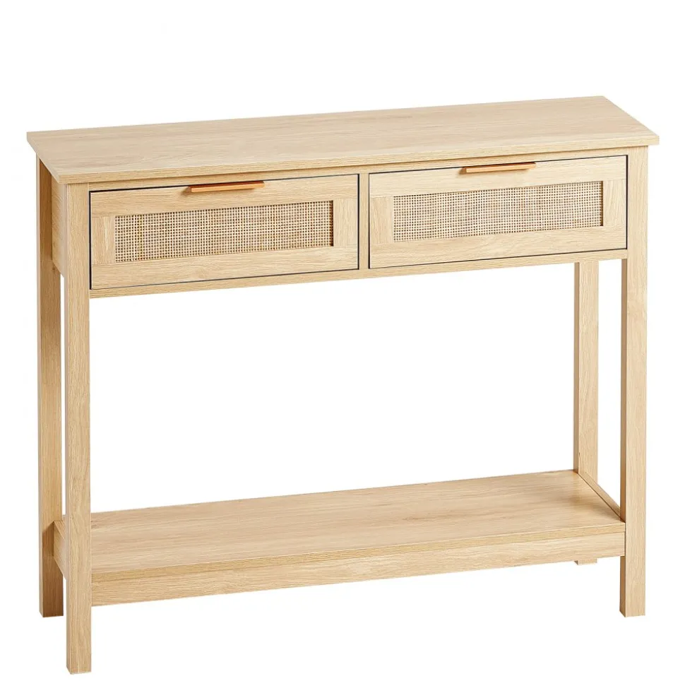 VEVOR Rattan Console Table with 2 Storage Drawers, Rattan Entryway Table with Natural Rattan Sliding Door, Console Sofa Table for Living Room, Study, Entryway Or TV Wall, Natural