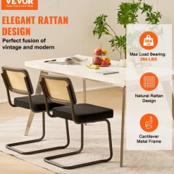 VEVOR Rattan Dining Chairs Set  of 2, Mid Century Modern Dining Chair, Upholstered Velvet Accent Chair with Rattan Back, Retro Dining Room Kitchen Chair for Living Room, Bedroom, Office (18.1 Inch)