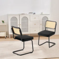 VEVOR Rattan Dining Chairs Set  of 2, Mid Century Modern Dining Chair, Upholstered Velvet Accent Chair with Rattan Back, Retro Dining Room Kitchen Chair for Living Room, Bedroom, Office (18.1 Inch)