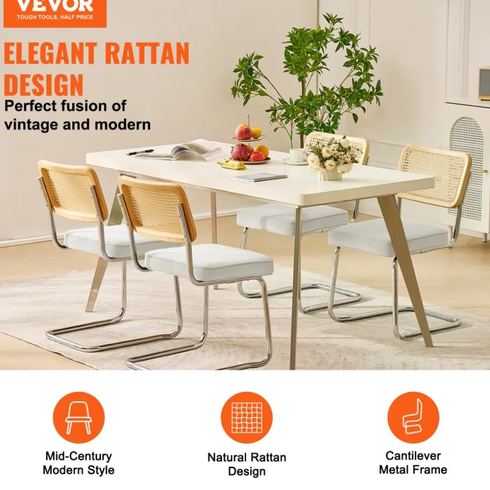 VEVOR Rattan Dining Chairs Set of 4, Mid Century Modern Dining Chair, Upholstered Velvet Accent Chair with Rattan Back, Retro Dining Room Kitchen Chair for Living Room, Bedroom, Office (18.1 Inch)