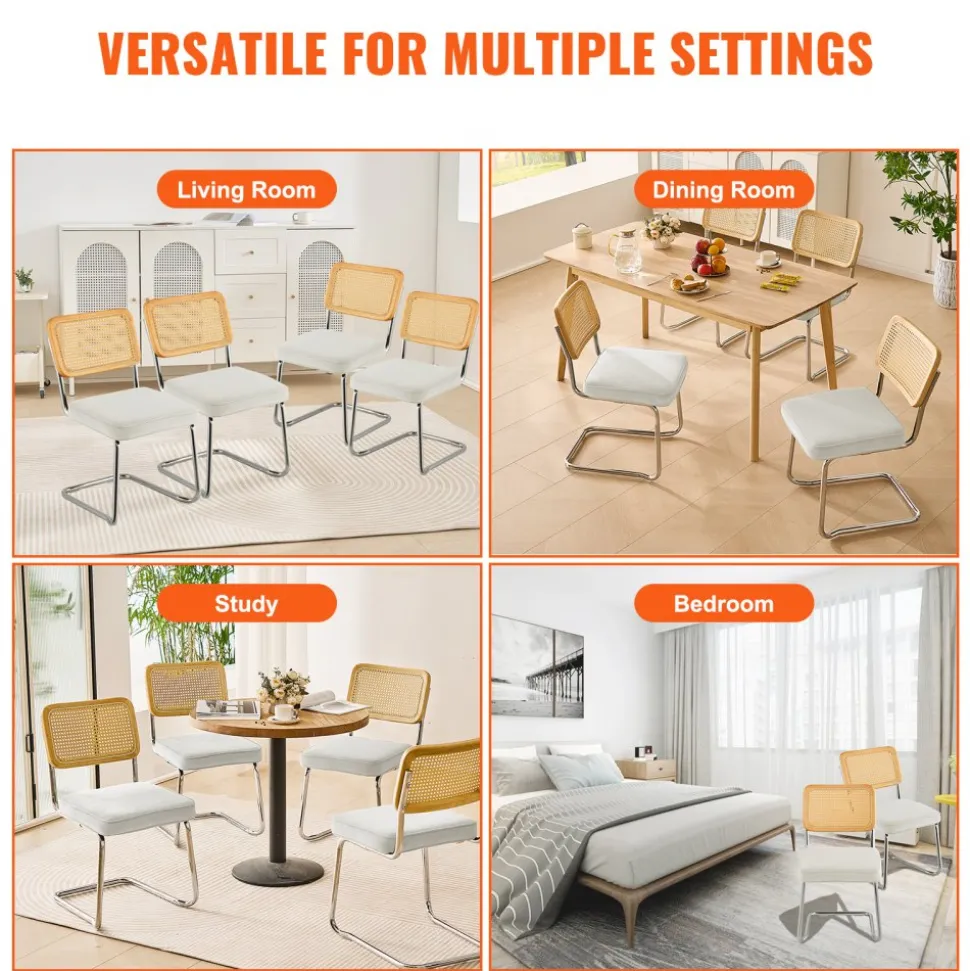 VEVOR Rattan Dining Chairs Set of 4, Mid Century Modern Dining Chair, Upholstered Velvet Accent Chair with Rattan Back, Retro Dining Room Kitchen Chair for Living Room, Bedroom, Office (18.1 Inch)