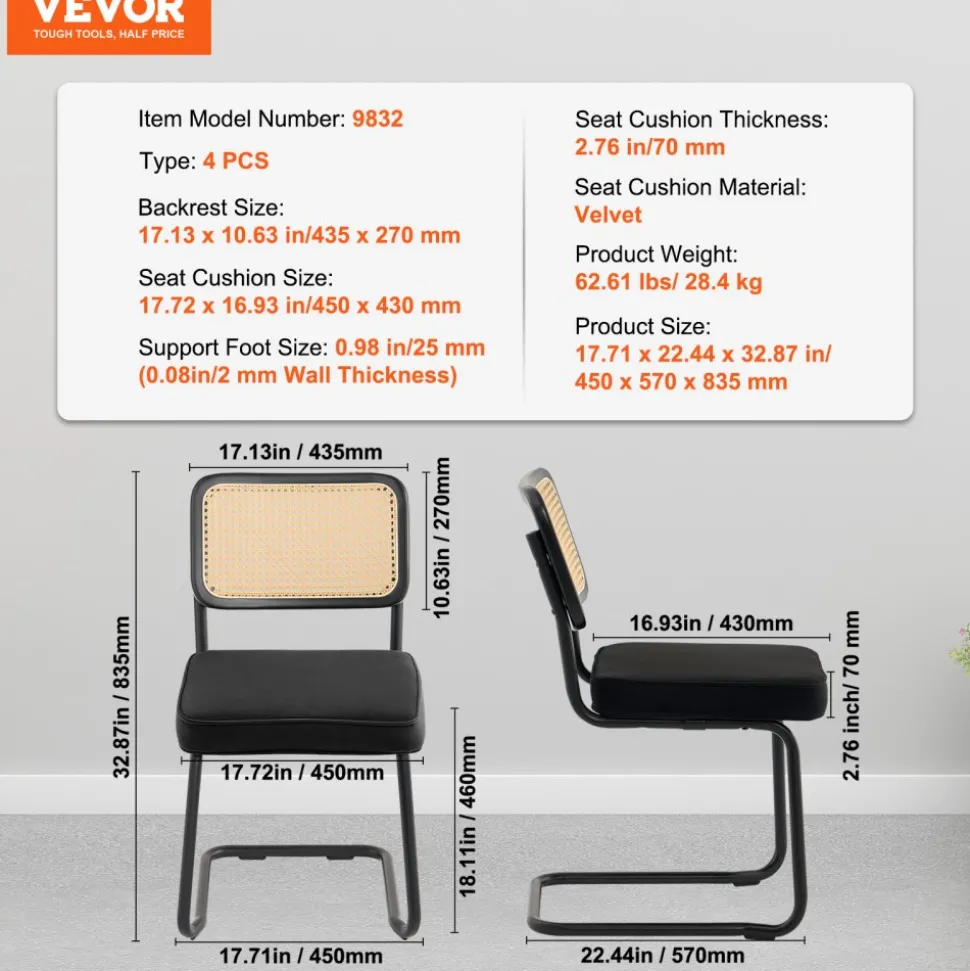 VEVOR Rattan Dining Chairs Set of 4, Mid Century Modern Dining Chair, Upholstered Velvet Accent Chair with Rattan Back, Retro Dining Room Kitchen Chair for Living Room, Bedroom, Office (18.1 Inch)