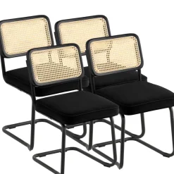 VEVOR Rattan Dining Chairs Set of 4, Mid Century Modern Dining Chair, Upholstered Velvet Accent Chair with Rattan Back, Retro Dining Room Kitchen Chair for Living Room, Bedroom, Office (18.1 Inch)