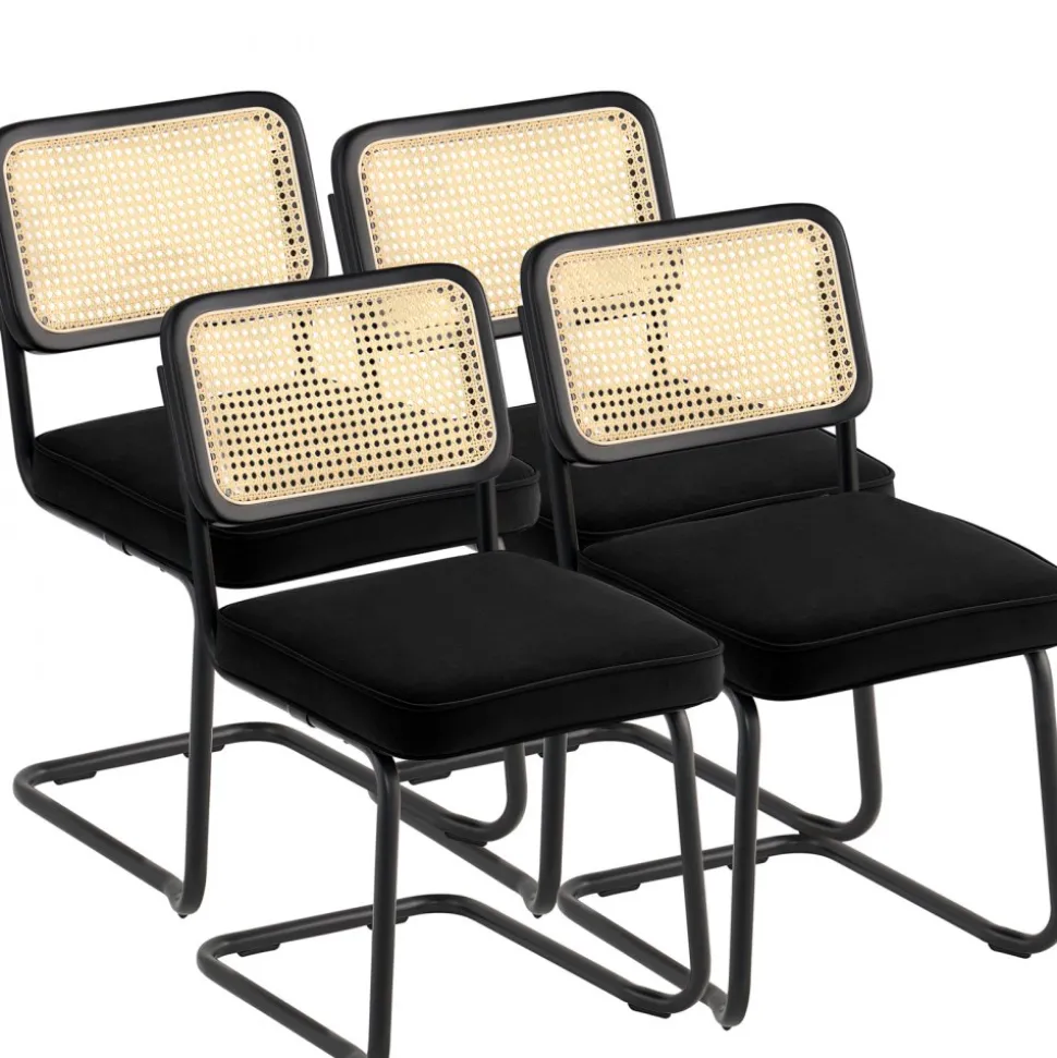 VEVOR Rattan Dining Chairs Set of 4, Mid Century Modern Dining Chair, Upholstered Velvet Accent Chair with Rattan Back, Retro Dining Room Kitchen Chair for Living Room, Bedroom, Office (18.1 Inch)