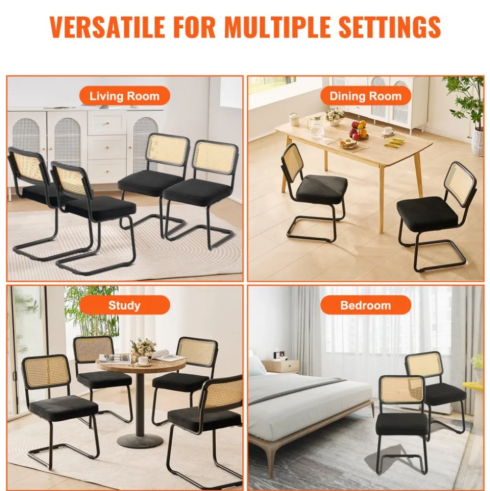 VEVOR Rattan Dining Chairs Set of 4, Mid Century Modern Dining Chair, Upholstered Velvet Accent Chair with Rattan Back, Retro Dining Room Kitchen Chair for Living Room, Bedroom, Office (18.1 Inch)
