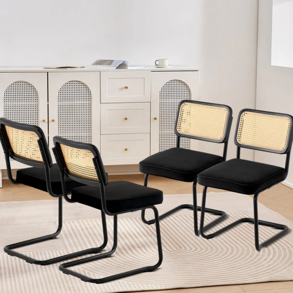 VEVOR Rattan Dining Chairs Set of 4, Mid Century Modern Dining Chair, Upholstered Velvet Accent Chair with Rattan Back, Retro Dining Room Kitchen Chair for Living Room, Bedroom, Office (18.1 Inch)