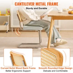VEVOR Rattan Dining Chairs Set of 2, Mid Century Modern Dining Chair, Upholstered Velvet Accent Chair with Rattan Back, Retro Dining Room Kitchen Chair for Living Room, Bedroom, Office (18.1 Inch)