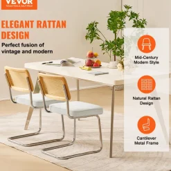 VEVOR Rattan Dining Chairs Set of 2, Mid Century Modern Dining Chair, Upholstered Velvet Accent Chair with Rattan Back, Retro Dining Room Kitchen Chair for Living Room, Bedroom, Office (18.1 Inch)