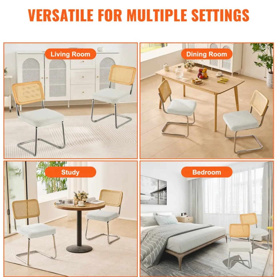 VEVOR Rattan Dining Chairs Set of 2, Mid Century Modern Dining Chair, Upholstered Velvet Accent Chair with Rattan Back, Retro Dining Room Kitchen Chair for Living Room, Bedroom, Office (18.1 Inch)