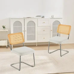 VEVOR Rattan Dining Chairs Set of 2, Mid Century Modern Dining Chair, Upholstered Velvet Accent Chair with Rattan Back, Retro Dining Room Kitchen Chair for Living Room, Bedroom, Office (18.1 Inch)