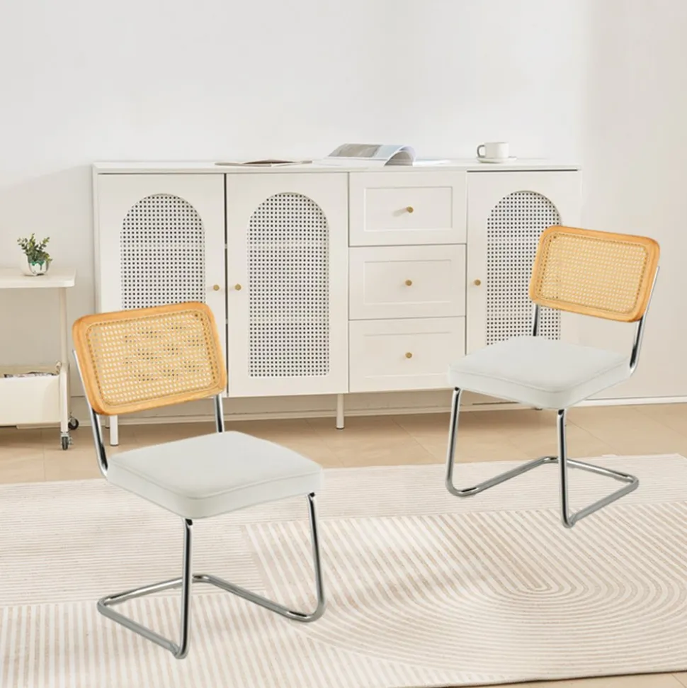 VEVOR Rattan Dining Chairs Set of 2, Mid Century Modern Dining Chair, Upholstered Velvet Accent Chair with Rattan Back, Retro Dining Room Kitchen Chair for Living Room, Bedroom, Office (18.1 Inch)