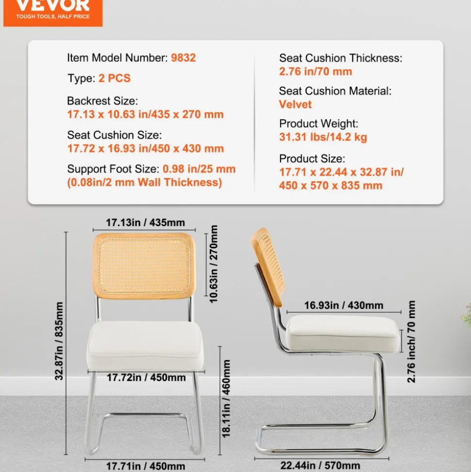 VEVOR Rattan Dining Chairs Set of 2, Mid Century Modern Dining Chair, Upholstered Velvet Accent Chair with Rattan Back, Retro Dining Room Kitchen Chair for Living Room, Bedroom, Office (18.1 Inch)
