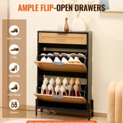 VEVOR Rattan Shoe Cabinet, Narrow Shoe Storage Organizer with 2 Flip Rattan Drawers & 1 Slide Drawer, Metal Legs, Slim Shoe Entryway Cabinet Ideal for Entryway, Closet, Hallway, Black