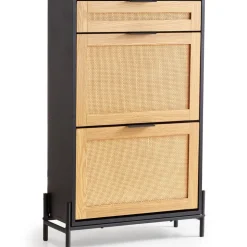 VEVOR Rattan Shoe Cabinet, Narrow Shoe Storage Organizer with 2 Flip Rattan Drawers & 1 Slide Drawer, Metal Legs, Slim Shoe Entryway Cabinet Ideal for Entryway, Closet, Hallway, Black